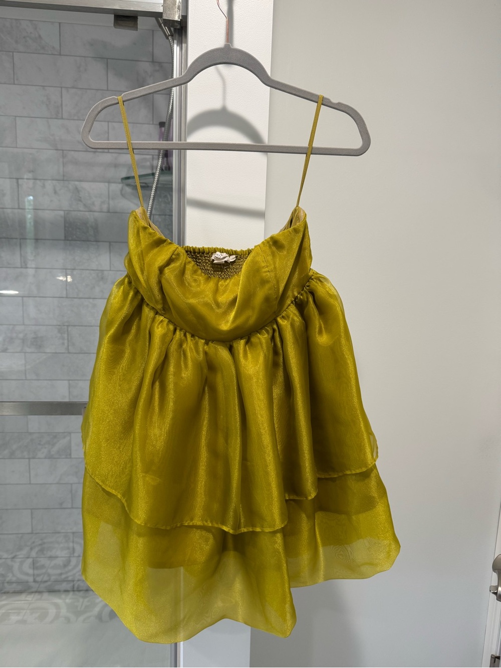 Anthropologie Green Satin Shimmer Strapless Mini Dress